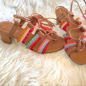 Authentic Leather Brown Multicolor Lace Up Sandals